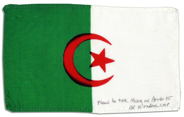 Apollo 15 Flown 6 x 4 Algerian Flag -- Signed & Inscribed Flown to the Moon on Apollo 15 Al Worden CMP by NASA Astronaut Al Worden -- Near Fine -- Also With COA by Worden