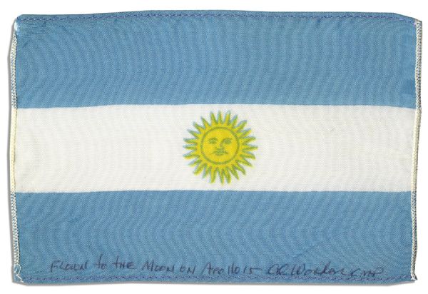 Apollo 15 Flown 6 x 4 Flag of Argentina -- Signed & Inscribed Flown to the Moon on Apollo 15 Al Worden CMP by NASA Astronaut Al Worden -- Near Fine -- Also With COA by Worden