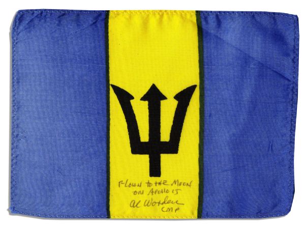 Apollo 15 Flown 6 x 4 Barbados Flag -- Signed & Inscribed Flown to the Moon on Apollo 15 Al Worden CMP by NASA Astronaut Al Worden -- Near Fine -- Also With COA by Worden