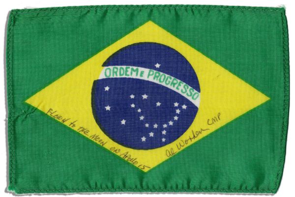 Apollo 15 Flown 6 x 4 Brazilian Flag -- Signed & Inscribed Flown to the Moon on Apollo 15 Al Worden CMP by NASA Astronaut Al Worden -- Near Fine -- Also With COA by Worden