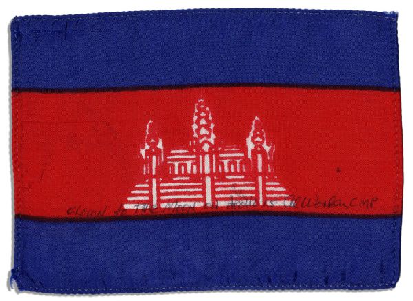 Apollo 15 Flown 6 x 4 Cambodia Flag -- Signed & Inscribed Flown to the Moon on Apollo 15 Al Worden CMP by NASA Astronaut Al Worden -- Near Fine -- Also With COA by Worden