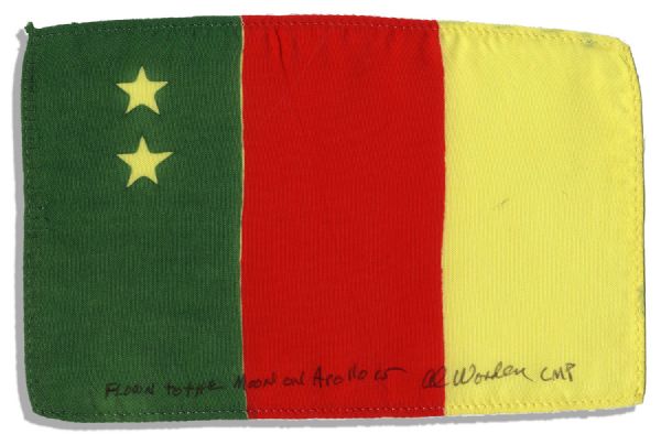 Apollo 15 Flown 6 x 4 Cameroon Flag -- Signed & Inscribed Flown to the Moon on Apollo 15 Al Worden CMP by NASA Astronaut Al Worden -- Near Fine -- Also With COA by Worden