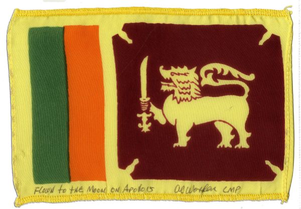 Apollo 15 Flown 6 x 4 Ceylon Flag -- Signed & Inscribed Flown to the Moon on Apollo 15 Al Worden CMP by NASA Astronaut Al Worden -- Near Fine -- Also With COA by Worden