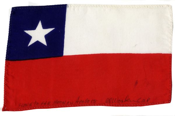 Apollo 15 Flown 6 x 4 Chilean Flag -- Signed & Inscribed Flown to the Moon on Apollo 15 Al Worden CMP by NASA Astronaut Al Worden -- Near Fine -- Also With COA by Worden