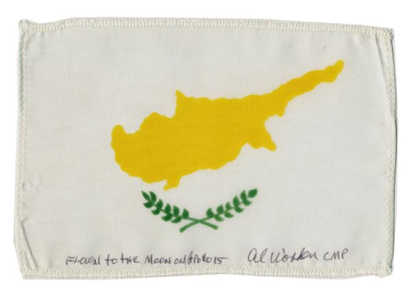 Apollo 15 Flown 6 x 4 Cyprus Flag -- Signed & Inscribed Flown to the Moon on Apollo 15 Al Worden CMP by NASA Astronaut Al Worden -- Near Fine -- Also With COA by Worden