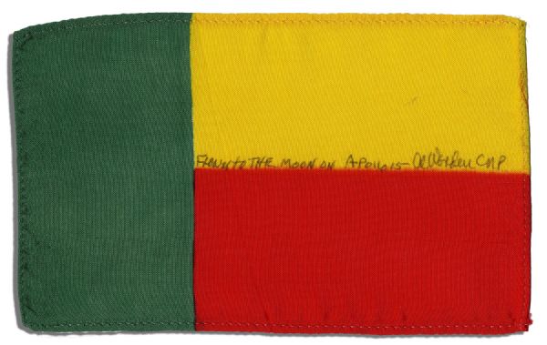 Apollo 15 Flown 6 x 4 Dahomey Flag -- Signed & Inscribed Flown to the Moon on Apollo 15 Al Worden CMP by NASA Astronaut Al Worden -- Near Fine -- Also With COA by Worden
