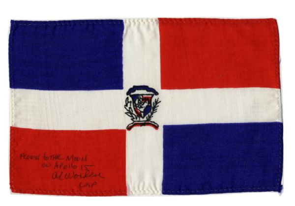 Apollo 15 Flown 6 x 4 Dominican Republic Flag -- Signed & Inscribed Flown to the Moon on Apollo 15 Al Worden CMP by NASA Astronaut Al Worden -- Near Fine -- Also With COA by Worden