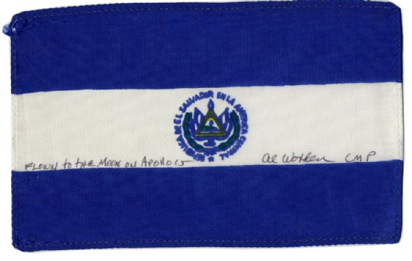 Apollo 15 Flown 6 x 4 El Salvador Flag -- Signed & Inscribed Flown to the Moon on Apollo 15 Al Worden CMP by NASA Astronaut Al Worden -- Near Fine -- Also With COA by Worden