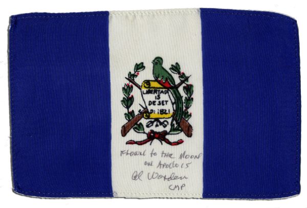 Apollo 15 Flown 6 x 4 Guatemala Flag -- Signed & Inscribed Flown to the Moon on Apollo 15 Al Worden CMP by NASA Astronaut Al Worden -- Near Fine -- Also With COA by Worden