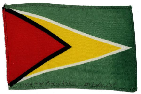 Apollo 15 Flown 6 x 4 Guyana Flag -- Signed & Inscribed Flown to the Moon on Apollo 15 Al Worden CMP by NASA Astronaut Al Worden -- Near Fine -- Also With COA by Worden