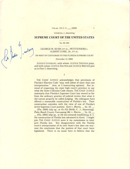 Supreme Court Justice Ginsburgs Signed Dissent of George W. Bush vs. Albert Gore -- 12 December 2000