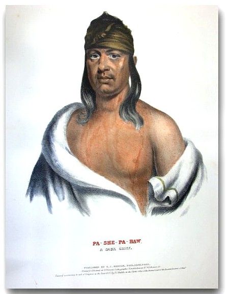 1837 McKenney & Hall Folio Color Print -- Pa-She-Pa-Haw Sauk Chief -- 13.5 x 19.75