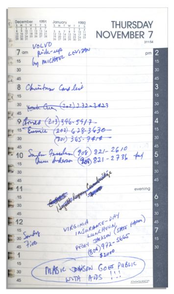 Arthur Ashe's 1991 Day Planner, Two Years Before His Death -- Before Going Public About Having AIDS, One Entry Reads, MAGIC JOHNSON GOES PUBLIC WITH AIDS!!!