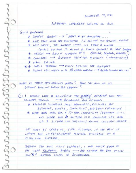 Arthur Ashe Handwritten Outline For a Provocative Speech on AIDS -- Just Months Before His Death -- ''...Our...morality tells us...there's something wrong with dispensing condoms and needles...''