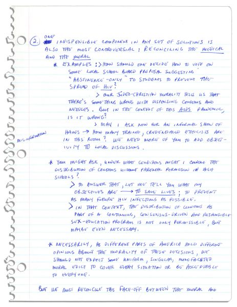 Arthur Ashe Handwritten Outline For a Provocative Speech on AIDS -- Just Months Before His Death -- ''...Our...morality tells us...there's something wrong with dispensing condoms and needles...''
