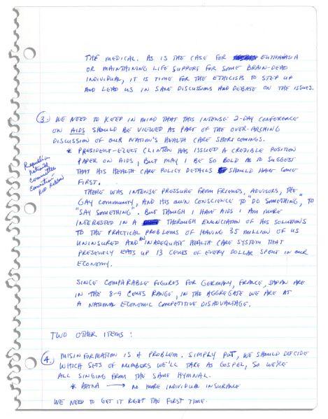 Arthur Ashe Handwritten Outline For a Provocative Speech on AIDS -- Just Months Before His Death -- ''...Our...morality tells us...there's something wrong with dispensing condoms and needles...''
