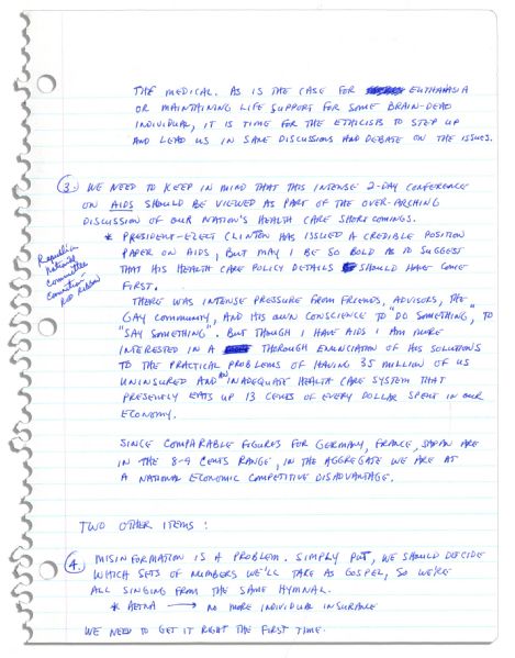 Arthur Ashe Handwritten Outline For a Provocative Speech on AIDS -- Just Months Before His Death -- ''...Our...morality tells us...there's something wrong with dispensing condoms and needles...''