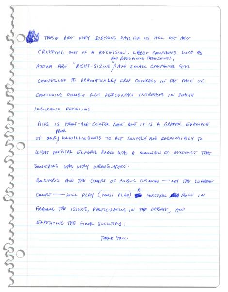Arthur Ashe Handwritten Outline For a Provocative Speech on AIDS -- Just Months Before His Death -- ''...Our...morality tells us...there's something wrong with dispensing condoms and needles...''