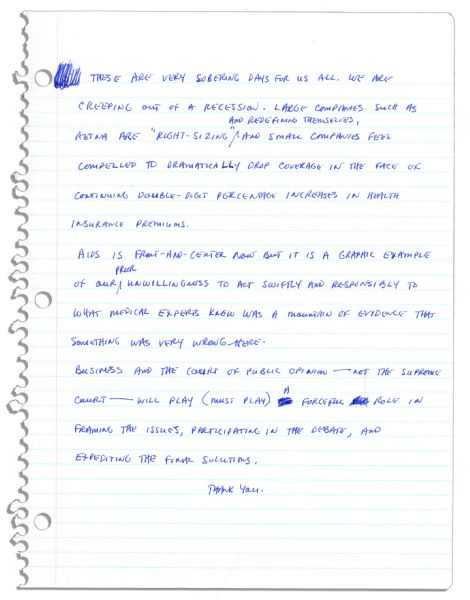 Arthur Ashe Handwritten Outline For a Provocative Speech on AIDS -- Just Months Before His Death -- ''...Our...morality tells us...there's something wrong with dispensing condoms and needles...''