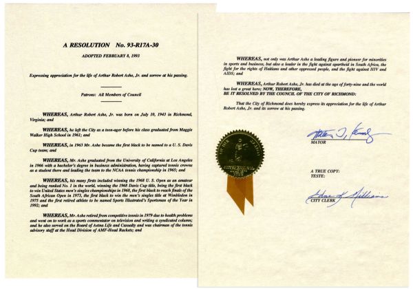 Arthur Ashe Richmond Citation -- Awarded Posthumously -- ''Expressing appreciation for the life of Arthur Robert Ashe, Jr. and sorrow at his passing...''