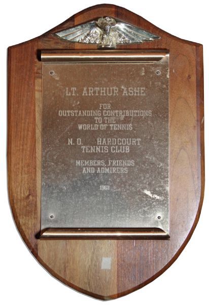 Early Arthur Ashe Award From 1967 Given to Him as a Lieutenant in The U.S. Army -- Year Before His Record-Breaking Victory at The U.S. Open