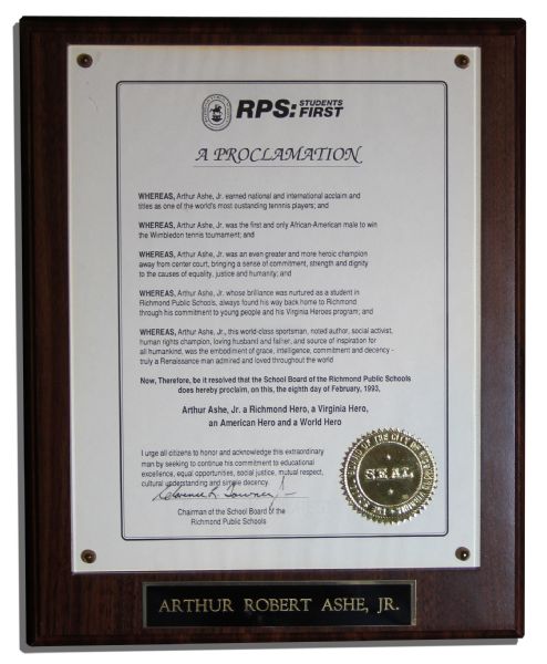 Award Presented to Arthur Ashe by The Public School System of His Hometown -- Richmond, Virginia 