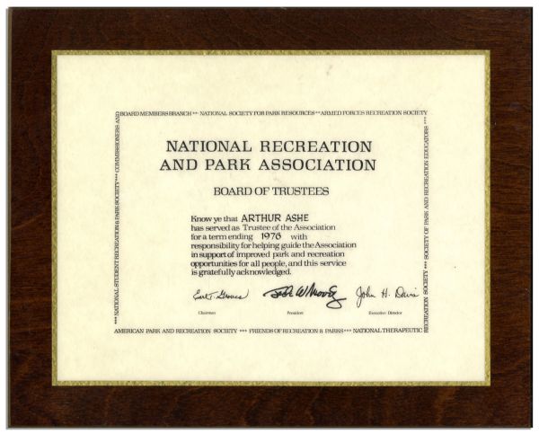 Plaque Acknowledging Arthur Ashe's Service on the Board of Trustees of The National Recreation And Park Association in 1976