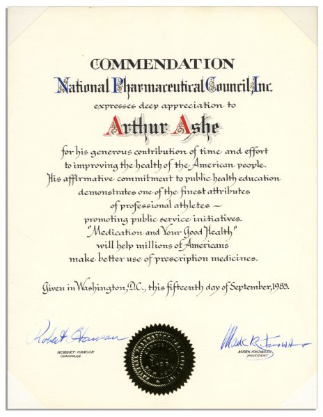 National Pharmaceutical Council Award Presented to Arthur Ashe -- 15 September 1983