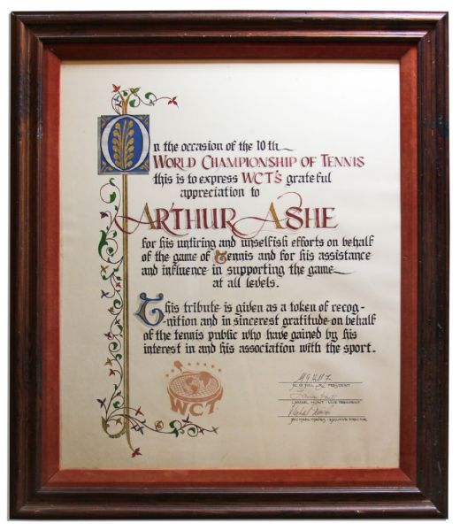 Arthur Ashe 10th Anniversary World Championship of Tennis Award -- Nicely Framed 