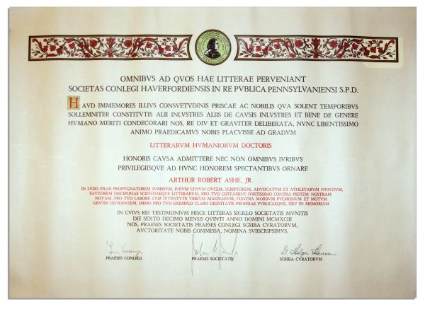 Arthur Ashe Haverford College Degree -- Awarded Posthumously 