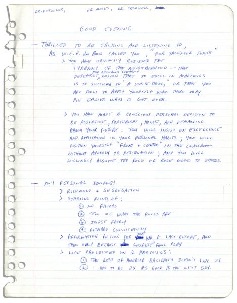 Arthur Ashe's Handwritten Notes for a Speech to Black Graduates -- ''...Affirmative action for me was a last resort...The rest of America basically doesn't like us...''