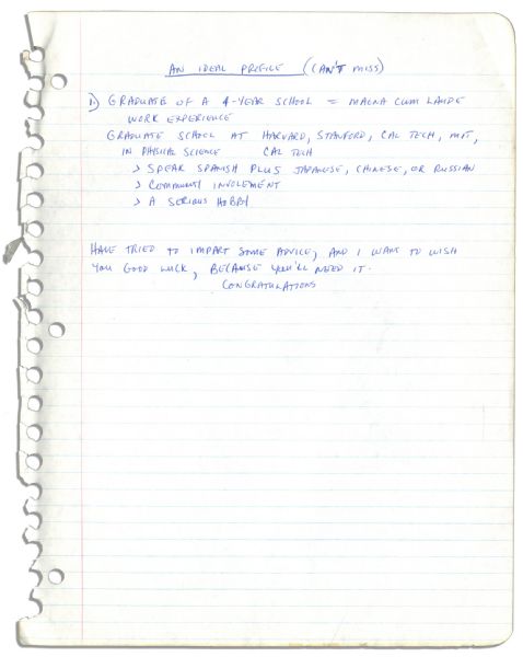 Arthur Ashe's Handwritten Notes for a Speech to Black Graduates -- ''...Affirmative action for me was a last resort...The rest of America basically doesn't like us...''