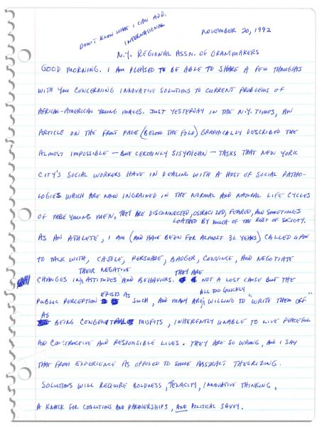 Arthur Ashe Handwritten Draft of a Speech on Black Youth From the End of His Life -- With a Program From The Event -- ''...many are willing to 'write [young black men] off'...they are so wrong...''