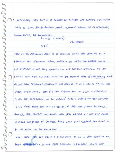 Arthur Ashe Handwritten Draft of a Speech on Black Youth From the End of His Life -- With a Program From The Event -- ''...many are willing to 'write [young black men] off'...they are so wrong...''