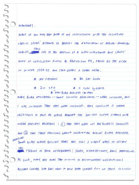 Arthur Ashe Handwritten Draft of a Speech on Black Youth From the End of His Life -- With a Program From The Event -- ''...many are willing to 'write [young black men] off'...they are so wrong...''