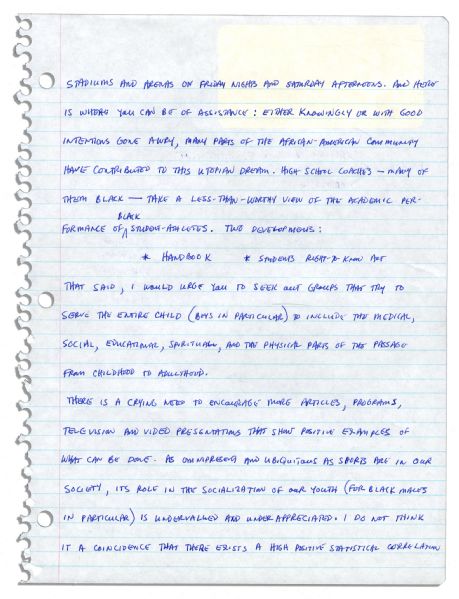 Arthur Ashe Handwritten Draft of a Speech on Black Youth From the End of His Life -- With a Program From The Event -- ''...many are willing to 'write [young black men] off'...they are so wrong...''