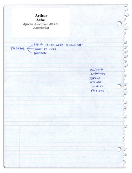 Arthur Ashe Handwritten Draft of a Speech on Black Youth From the End of His Life -- With a Program From The Event -- ''...many are willing to 'write [young black men] off'...they are so wrong...''