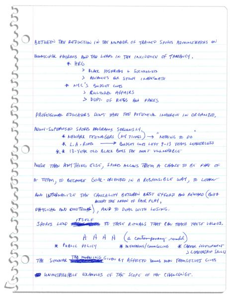 Arthur Ashe Handwritten Draft of a Speech on Black Youth From the End of His Life -- With a Program From The Event -- ''...many are willing to 'write [young black men] off'...they are so wrong...''