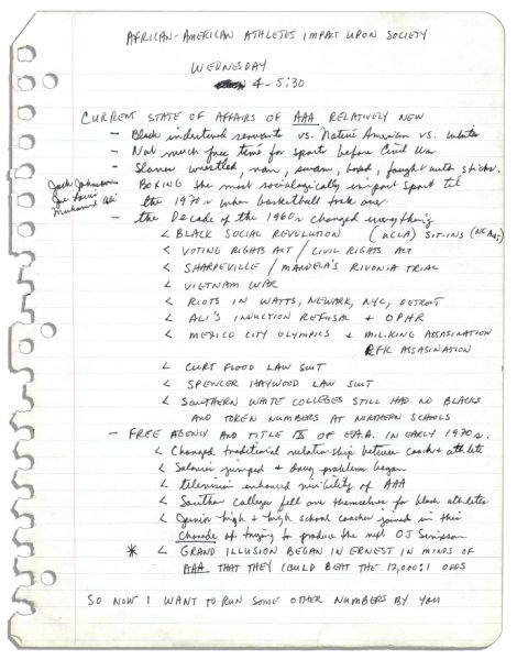 Arthur Ashe's Handwritten Outline for a Speech on Black Athletes -- ''...White America, for the first time, saw...records...smashed by members of a group they assumed to be inferior...''