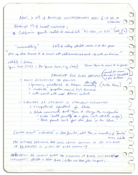 Arthur Ashe's Handwritten Outline for a Speech on Black Athletes -- ''...White America, for the first time, saw...records...smashed by members of a group they assumed to be inferior...''