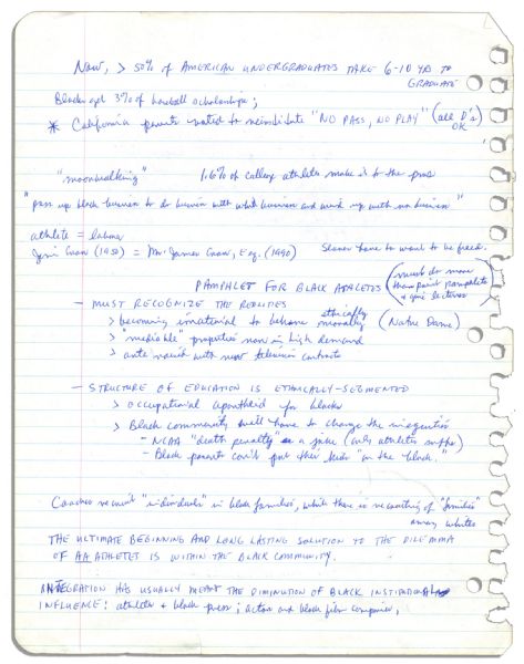 Arthur Ashe's Handwritten Outline for a Speech on Black Athletes -- ''...White America, for the first time, saw...records...smashed by members of a group they assumed to be inferior...''