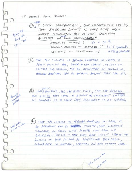 Arthur Ashe's Handwritten Outline for a Speech on Black Athletes -- ''...White America, for the first time, saw...records...smashed by members of a group they assumed to be inferior...''