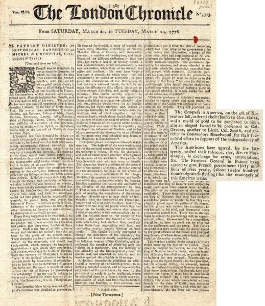 1778 London Chronicle -- ''...The Congress of America...ordered their thanks to Gen. Gates, and a medal of gold to be presented to him...''