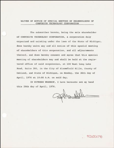 DeLorean Motor Company Founder John Z. DeLorean Signed Document -- 1976