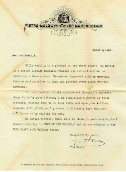 Ted Healy 1937 Typed Letter Signed on MGM Letterhead -- ''...My latest picture, which will be shown in your neighborhood theatre shortly, is 'MAN OF THE PEOPLE'...''