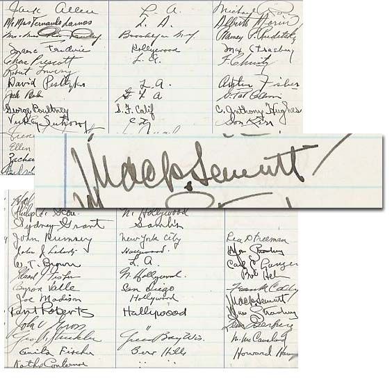 1949 Hollywood Ledger With 48 Signatures Including Mack Sennett, Donald Kerr, Robert Lowery, C. Anthony Hughes & Many More