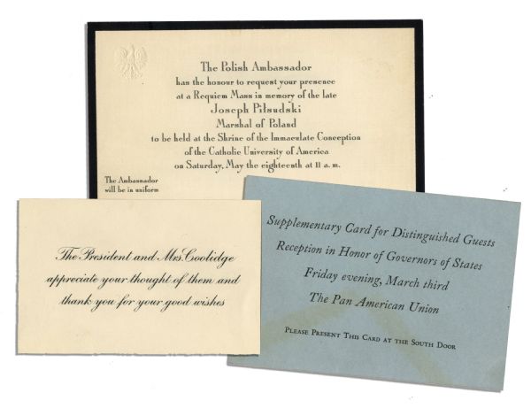 Calvin Coolidge Thank You Card -- Lot Also Includes Diplomatic Invitations