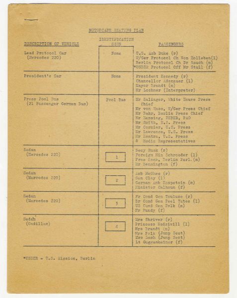 Original President John F. Kennedy Motorcade Seating Plan for Historic 1963 Berlin Trip