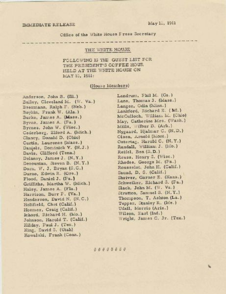 Press Release Listing Guests for ''Coffee Hour'' With President John F. Kennedy at the White House