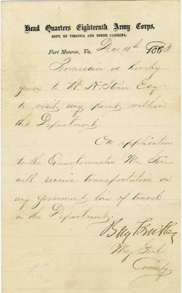 General Benjamin Butler Document Signed -- 1863 Civil War Dated